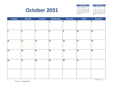 October 2031 Calendar Classic