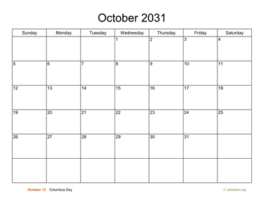 Basic Calendar for October 2031