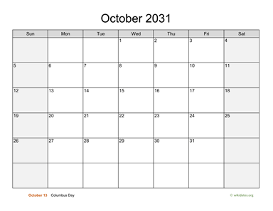 October 2031 Calendar with Weekend Shaded