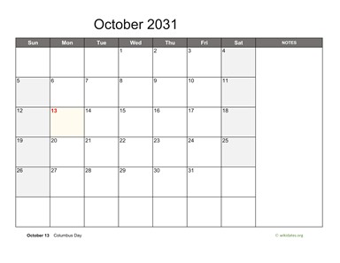 October 2031 Calendar with Notes