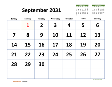 September 2031 Calendar with Extra-large Dates