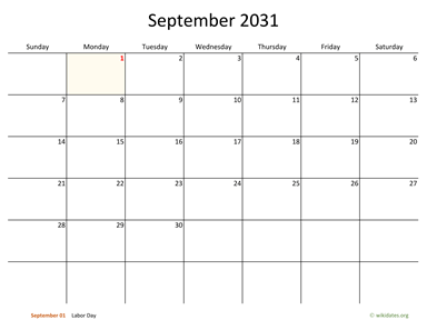 September 2031 Calendar with Bigger boxes