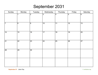 Basic Calendar for September 2031