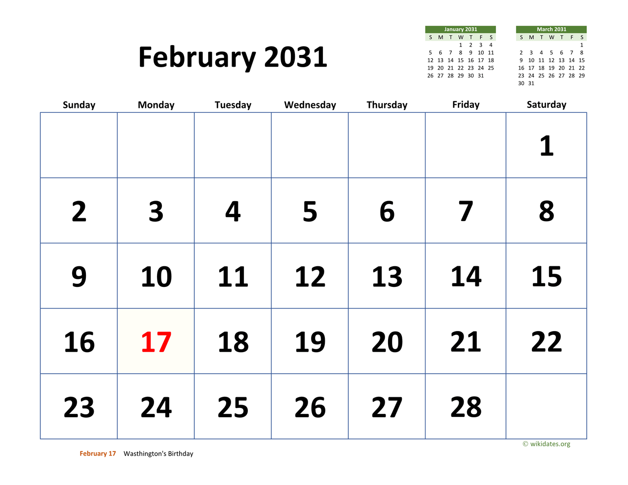 February 2031 Calendar with Extralarge Dates