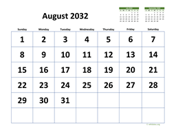 August 2032 Calendar with Extra-large Dates
