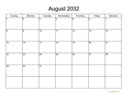 Basic Calendar for August 2032