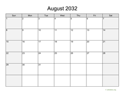 August 2032 Calendar with Weekend Shaded