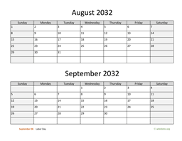 August and September 2032 Calendar