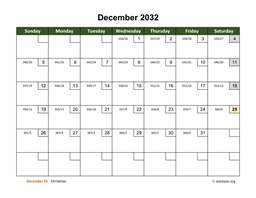December 2032 Calendar with Day Numbers