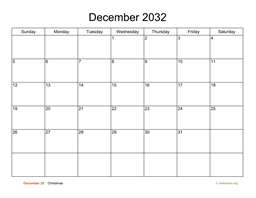 Basic Calendar for December 2032