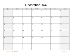 December 2032 Calendar with Weekend Shaded