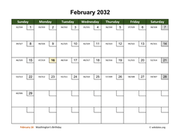 February 2032 Calendar with Day Numbers