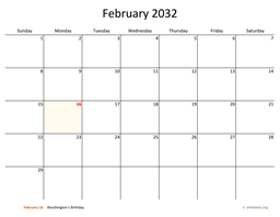 February 2032 Calendar with Bigger boxes