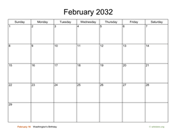 Basic Calendar for February 2032