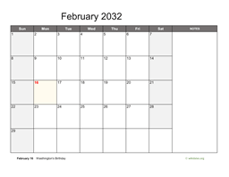 February 2032 Calendar with Notes