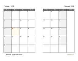February 2032 Calendar on two pages