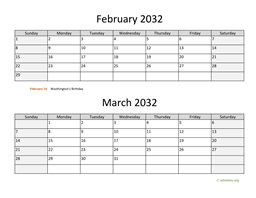 February and March 2032 Calendar