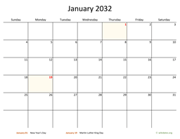 January 2032 Calendar with Bigger boxes