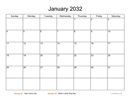 Basic Calendar for January 2032