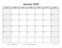 January 2032 Calendar with Weekend Shaded