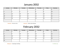 January and February 2032 Calendar
