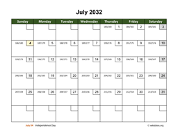 July 2032 Calendar with Day Numbers