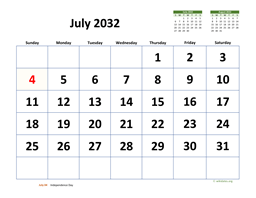 July 2032 Calendar with Extra-large Dates