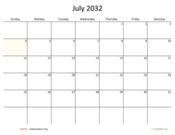 July 2032 Calendar with Bigger boxes