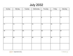 Basic Calendar for July 2032