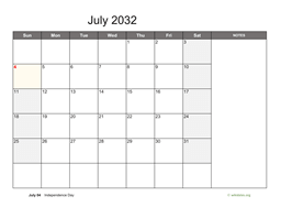 July 2032 Calendar with Notes