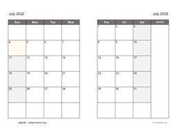 July 2032 Calendar on two pages