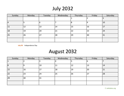 July and August 2032 Calendar