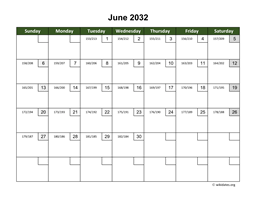 June 2032 Calendar with Day Numbers
