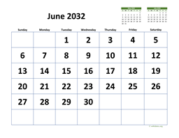 June 2032 Calendar with Extra-large Dates