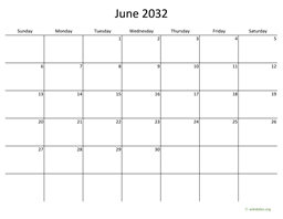 June 2032 Calendar with Bigger boxes