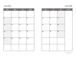 June 2032 Calendar on two pages