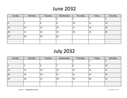 June and July 2032 Calendar