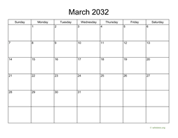 Basic Calendar for March 2032