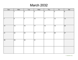 March 2032 Calendar with Weekend Shaded