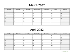 March and April 2032 Calendar