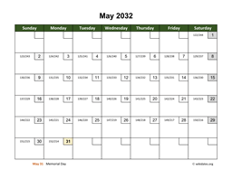 May 2032 Calendar with Day Numbers
