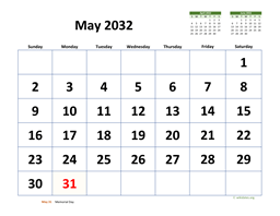 May 2032 Calendar with Extra-large Dates