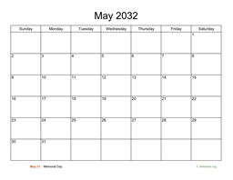 Basic Calendar for May 2032
