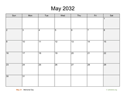 May 2032 Calendar with Weekend Shaded