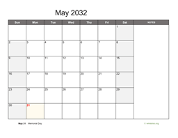 May 2032 Calendar with Notes