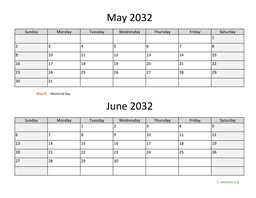 May and June 2032 Calendar