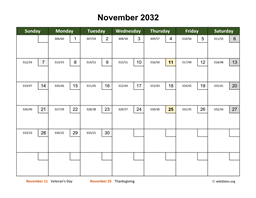 November 2032 Calendar with Day Numbers