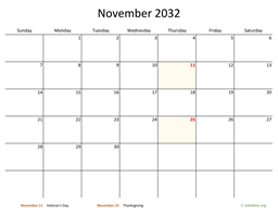 November 2032 Calendar with Bigger boxes