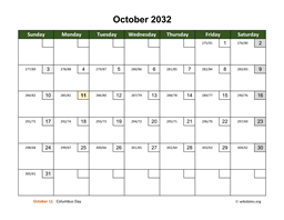 October 2032 Calendar with Day Numbers