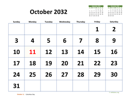 October 2032 Calendar with Extra-large Dates
